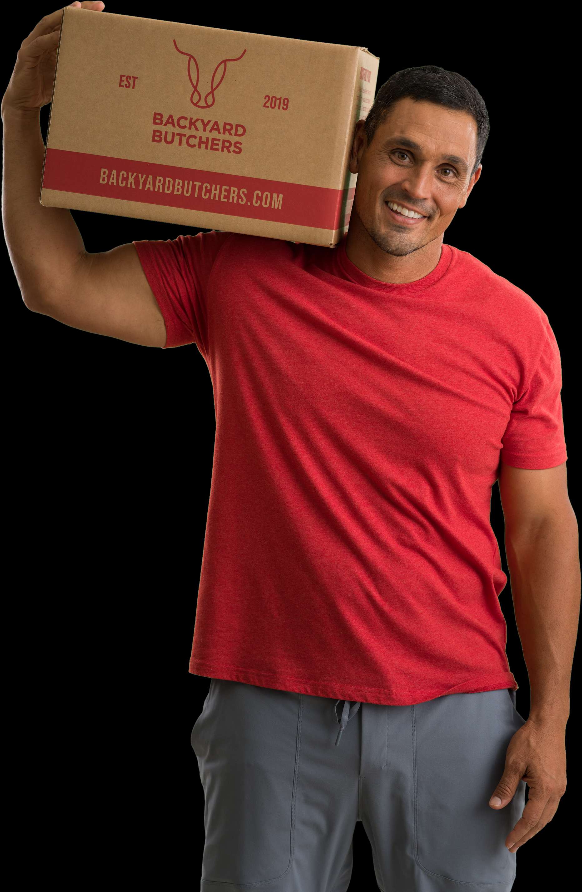 David Pollack — David with a Backyard Butchers box on his shoulder, transparent cutout.