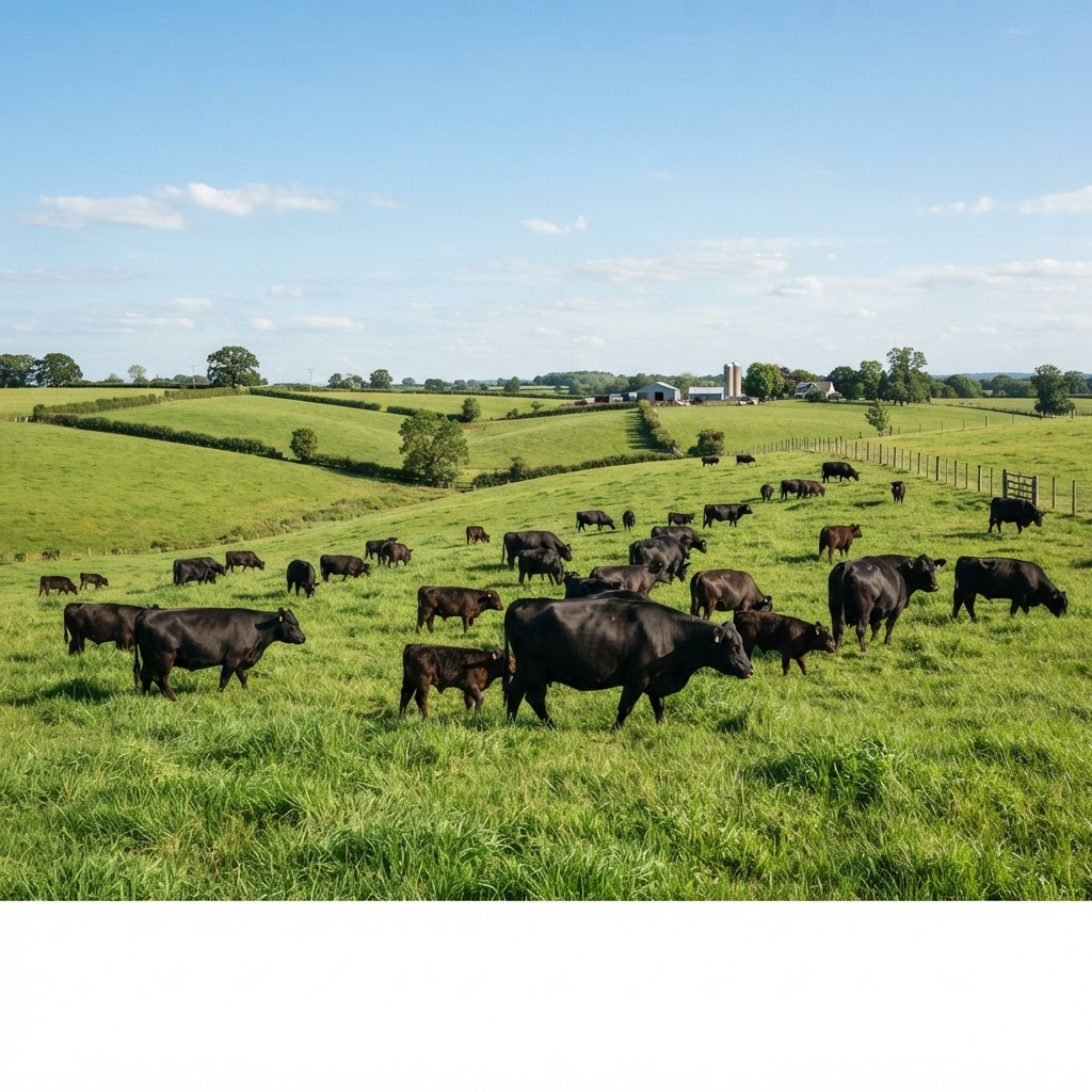 Black Angus beef cattle grazing on lush green Texas pasture