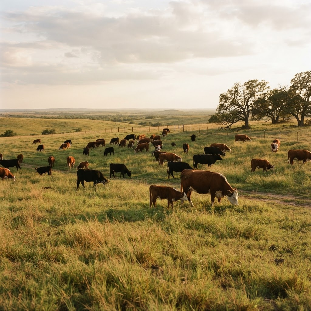 Grass-fed cattle grazing on open Texas ranch pasture at golden hour